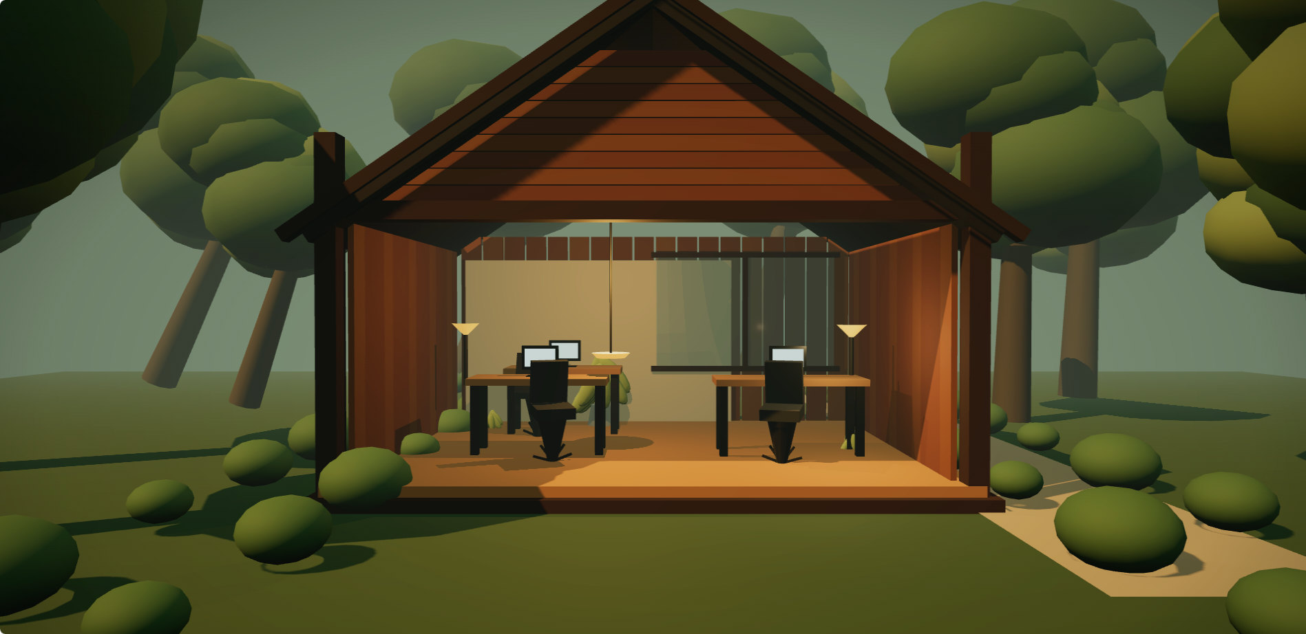 A warm wooden studio with desks, open to a forest at golden hour