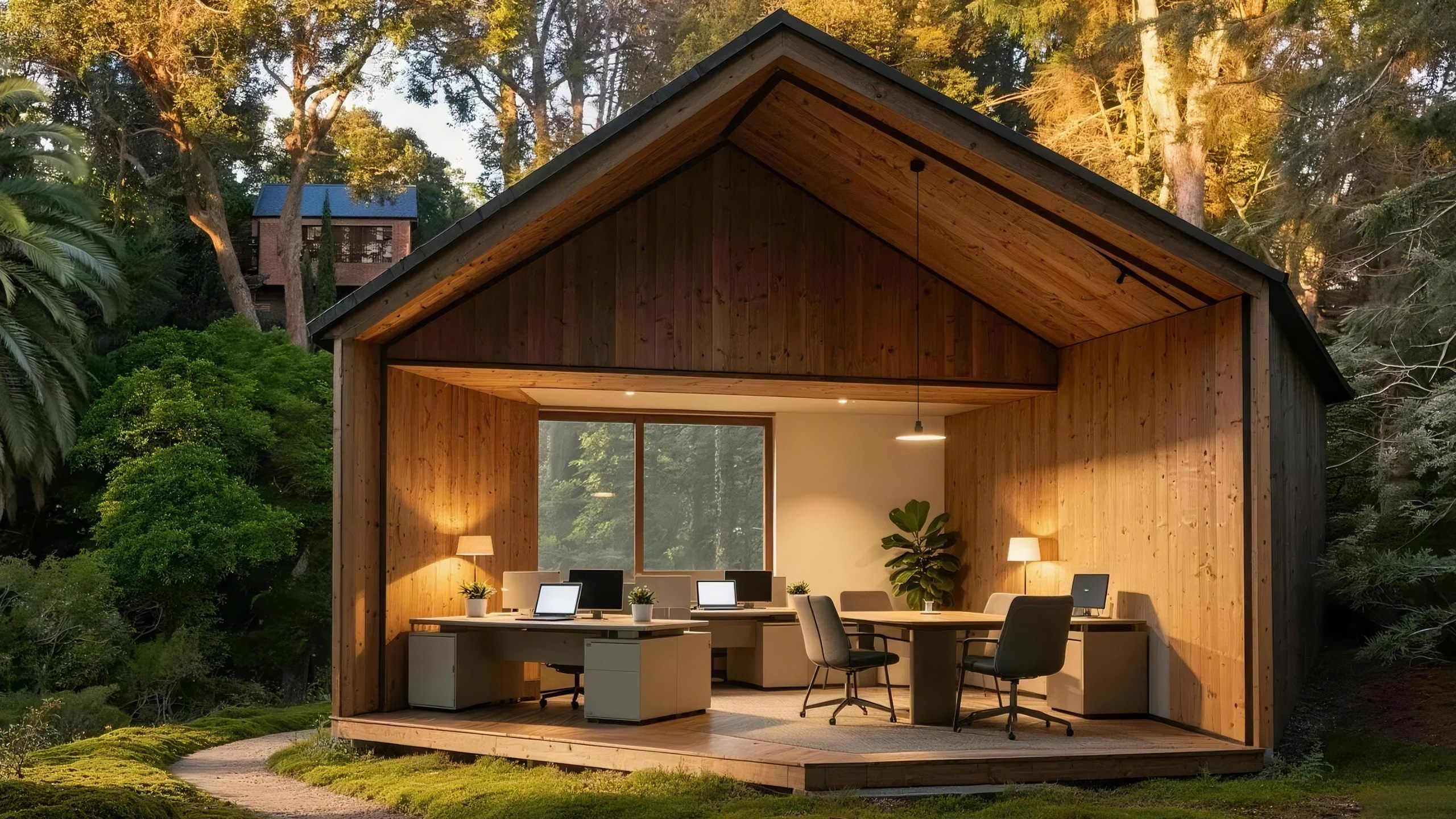 A warm wooden cabin in the forest at golden hour, office desks glowing inside its open facade